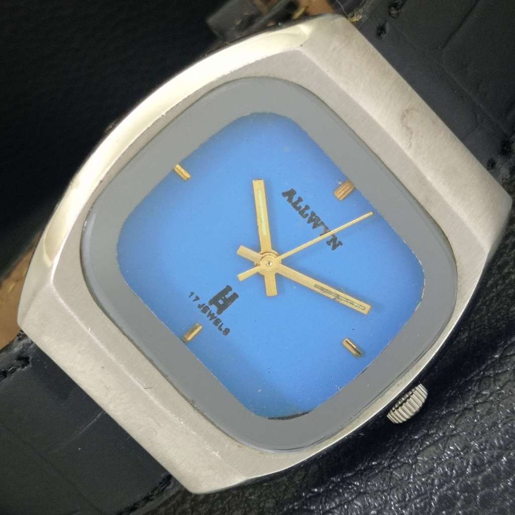 Albin Watch HAND-WINDING VINTAGE 6300A ALLWYN INDIA MENS BLUE COLOR DIAL WATCH ...